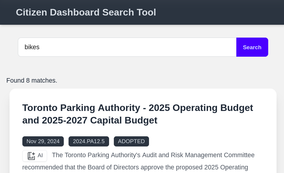 Screenshot of a search page with a search for bikes and agenda item results with AI summaries.