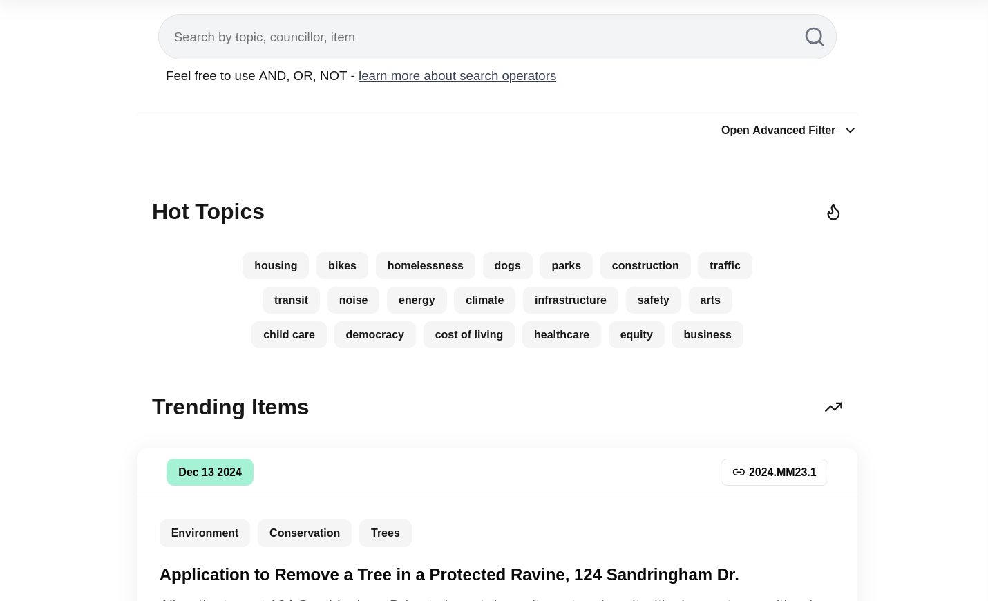 Screenshot of a search page with 'Hot Topics' and 'Trending Items' sections